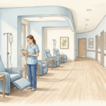 Hand-drawn illustration of a bright cancer care treatment room with blue infusion chairs and a nurse