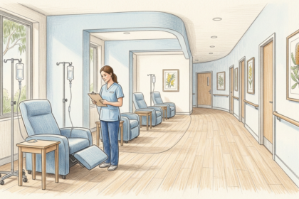 Hand-drawn illustration of a bright cancer care treatment room with blue infusion chairs and a nurse