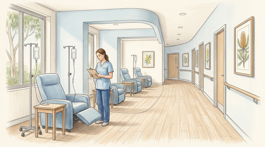 Hand-drawn illustration of a bright cancer care treatment room with blue infusion chairs and a nurse