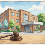 Hand-drawn illustration of a community hospital building with a wooden gavel in the foreground