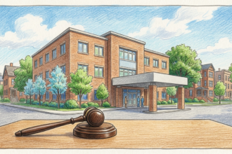 Hand-drawn illustration of a community hospital building with a wooden gavel in the foreground