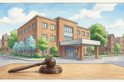 Hand-drawn illustration of a community hospital building with a wooden gavel in the foreground