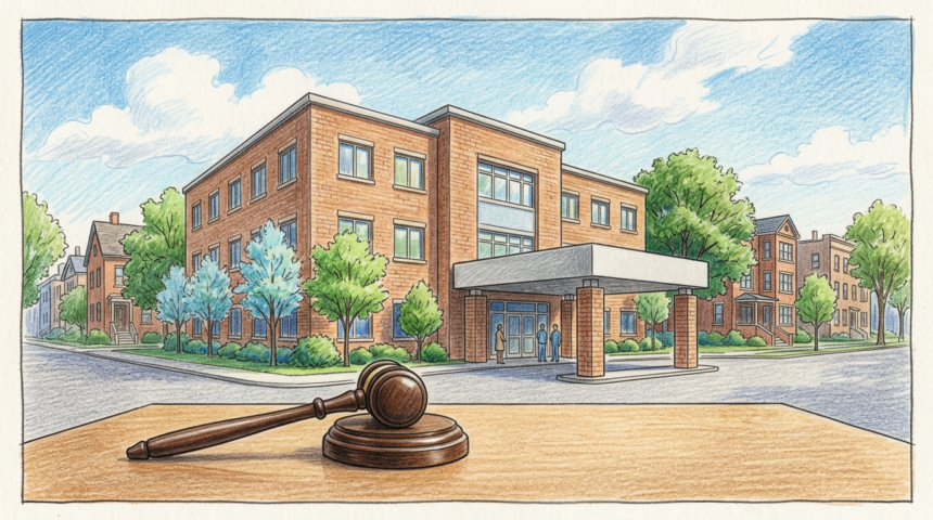 Hand-drawn illustration of a community hospital building with a wooden gavel in the foreground