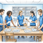 Hand-drawn illustration of healthcare staff in blue polos reviewing printed papers around a table