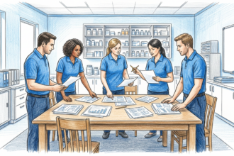 Hand-drawn illustration of healthcare staff in blue polos reviewing printed papers around a table