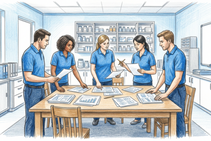 Hand-drawn illustration of healthcare staff in blue polos reviewing printed papers around a table