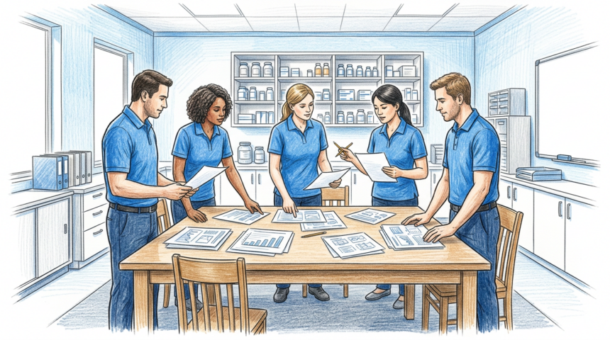 Hand-drawn illustration of healthcare staff in blue polos reviewing printed papers around a table
