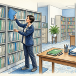 Hand-drawn illustration of a medical records office with a clerk beside a shelf of file folders and a padlock