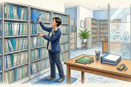Hand-drawn illustration of a medical records office with a clerk beside a shelf of file folders and a padlock