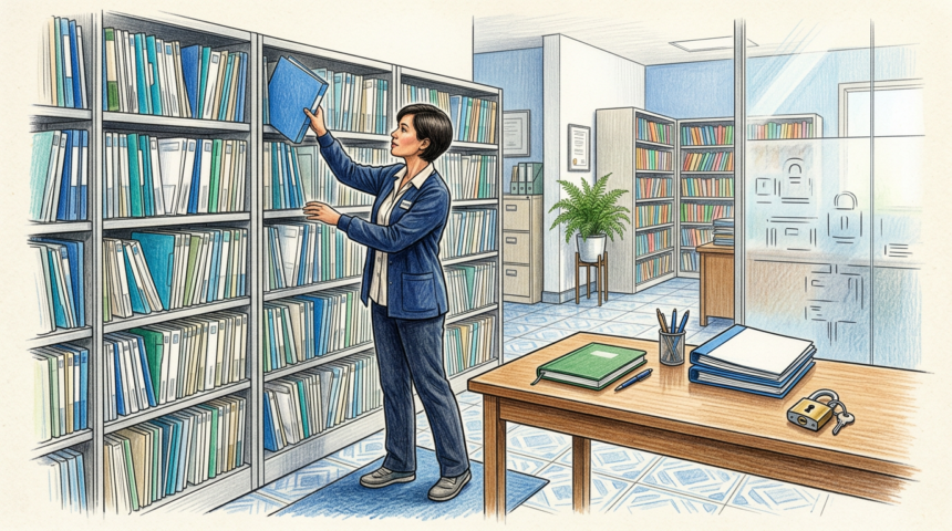 Hand-drawn illustration of a medical records office with a clerk beside a shelf of file folders and a padlock