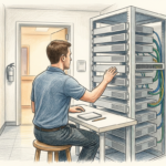 Hand-drawn illustration of a hospital IT technician beside a rack of network gateway appliances
