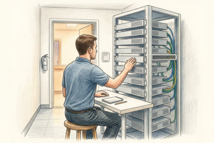 Hand-drawn illustration of a hospital IT technician beside a rack of network gateway appliances