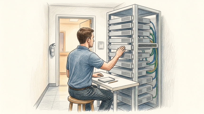 Hand-drawn illustration of a hospital IT technician beside a rack of network gateway appliances