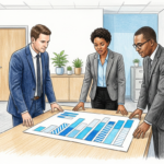 Hand-drawn illustration of healthcare security professionals reviewing a chart in a bright office