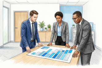 Hand-drawn illustration of healthcare security professionals reviewing a chart in a bright office