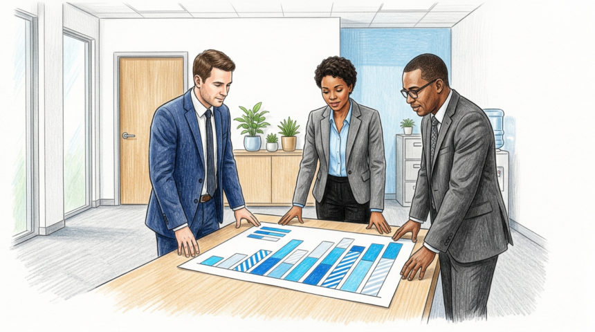 Hand-drawn illustration of healthcare security professionals reviewing a chart in a bright office