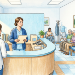 Hand-drawn illustration of a calm outpatient clinic reception area with blue waiting chairs