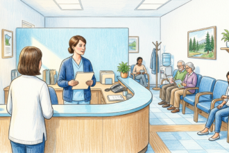 Hand-drawn illustration of a calm outpatient clinic reception area with blue waiting chairs