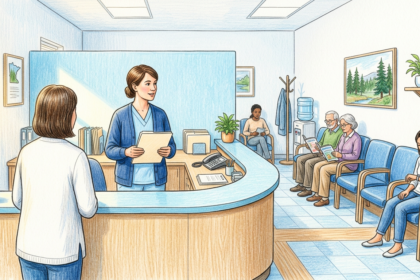 Hand-drawn illustration of a calm outpatient clinic reception area with blue waiting chairs