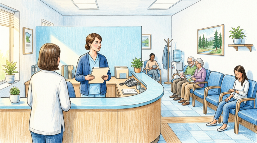 Hand-drawn illustration of a calm outpatient clinic reception area with blue waiting chairs