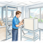 Hand-drawn illustration of a hospital IT technician connecting a plain appliance in a bright comms room