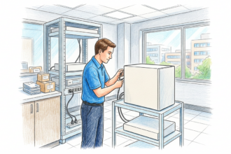 Hand-drawn illustration of a hospital IT technician connecting a plain appliance in a bright comms room