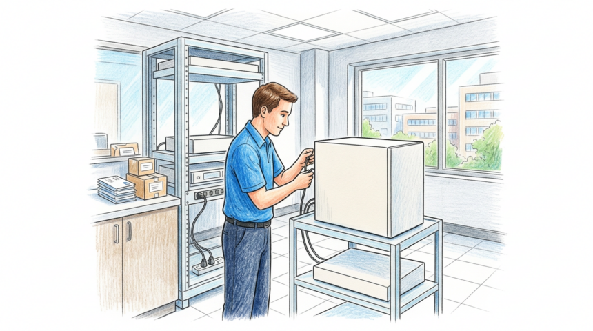 Hand-drawn illustration of a hospital IT technician connecting a plain appliance in a bright comms room