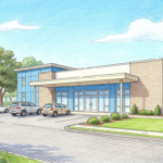 Hand-drawn illustration of a small multi-specialty medical clinic building with a quiet parking lot