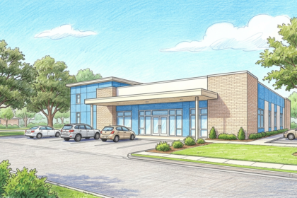 Hand-drawn illustration of a small multi-specialty medical clinic building with a quiet parking lot