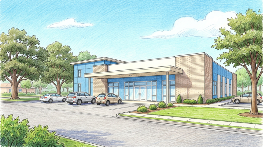 Hand-drawn illustration of a small multi-specialty medical clinic building with a quiet parking lot