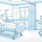 Hand-drawn illustration of a clinical training room with a plain patient manikin and an eye-exam device