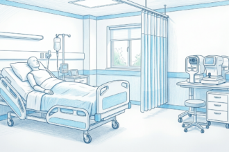 Hand-drawn illustration of a clinical training room with a plain patient manikin and an eye-exam device