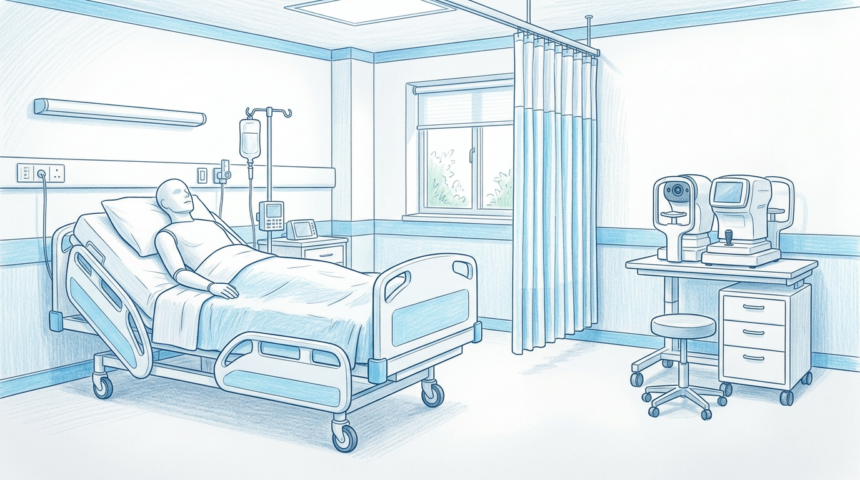 Hand-drawn illustration of a clinical training room with a plain patient manikin and an eye-exam device