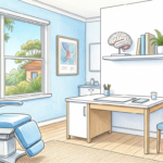 Hand-drawn illustration of a quiet neurology consultation room with a desk and brain model