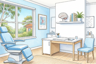 Hand-drawn illustration of a quiet neurology consultation room with a desk and brain model