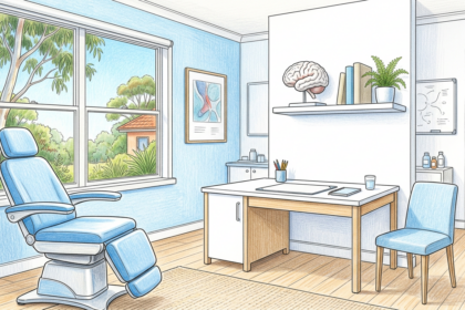 Hand-drawn illustration of a quiet neurology consultation room with a desk and brain model