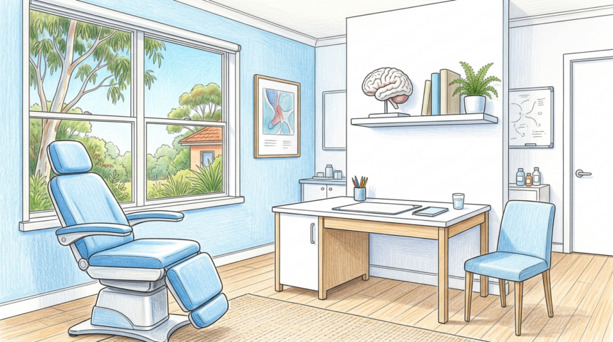 Hand-drawn illustration of a quiet neurology consultation room with a desk and brain model