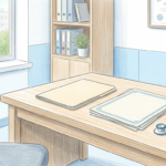 Hand-drawn illustration of a bright credentialing office desk with a folder, papers, and a stethoscope