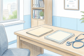 Hand-drawn illustration of a bright credentialing office desk with a folder, papers, and a stethoscope