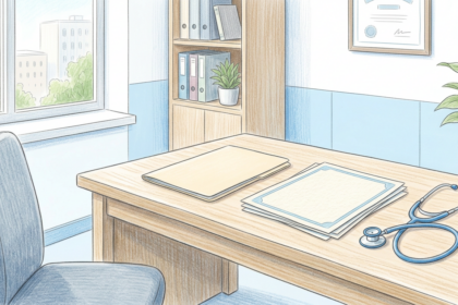 Hand-drawn illustration of a bright credentialing office desk with a folder, papers, and a stethoscope
