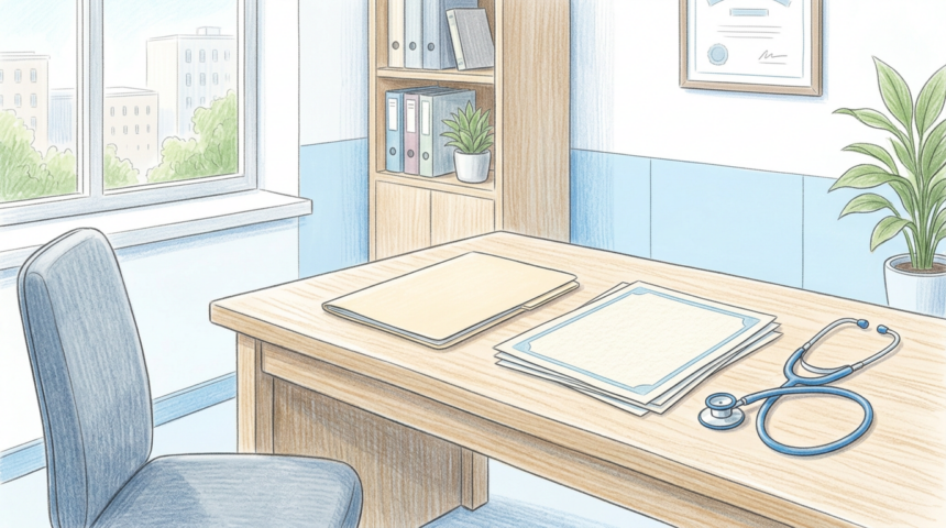 Hand-drawn illustration of a bright credentialing office desk with a folder, papers, and a stethoscope