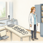 Hand-drawn illustration of an eye clinic exam room and a cabinet of patient files