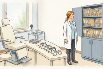 Hand-drawn illustration of an eye clinic exam room and a cabinet of patient files