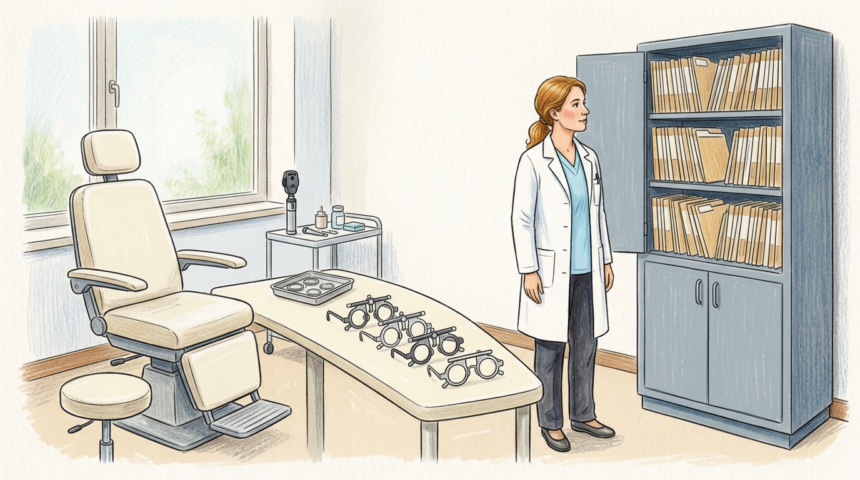 Hand-drawn illustration of an eye clinic exam room and a cabinet of patient files