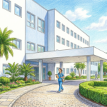 Hand-drawn illustration of a large private hospital building with palm trees