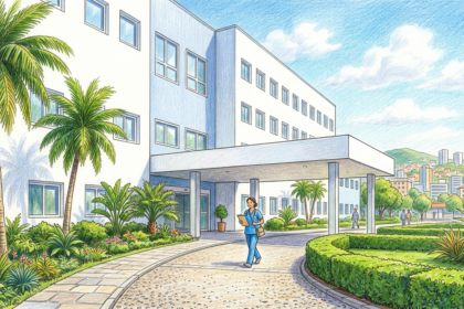 Hand-drawn illustration of a large private hospital building with palm trees