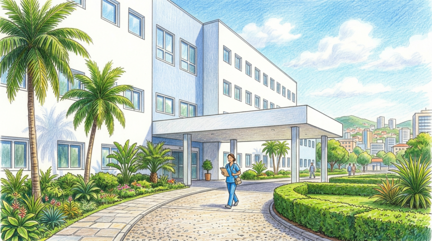 Hand-drawn illustration of a large private hospital building with palm trees