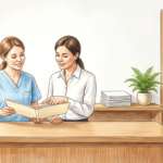 Hand-drawn illustration of a dental practice reception counter with two staff