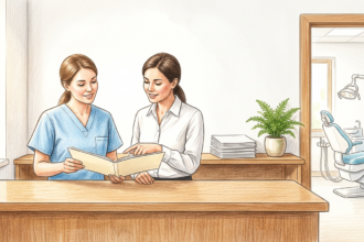 Hand-drawn illustration of a dental practice reception counter with two staff