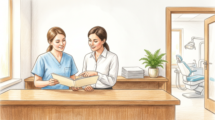 Hand-drawn illustration of a dental practice reception counter with two staff